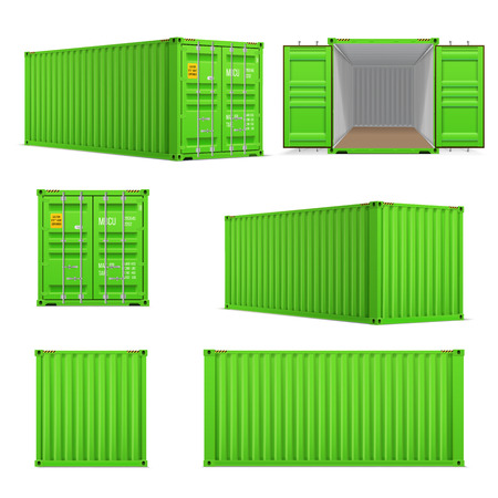 Realistic set of bright green  cargo containers.   Front, side back and perspective view.  Open and closed. Delivery, transportation, shipping freight transportatioのイラスト素材