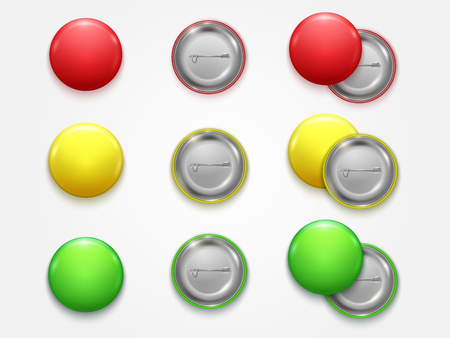 Realistic 3d Empty Color Blank Circle Button Badge Pin Set Front Side Element Presentation and Advertising Retail. Vector illustration of Buttons Badges Pinsのイラスト素材
