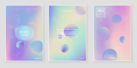 Furistic modern holographic cover set. 90s, 80s retro style.  Minimalistic hipster design Iridescent graphic mockup for brochure, banner, wallpaper, mobile screen.のイラスト素材