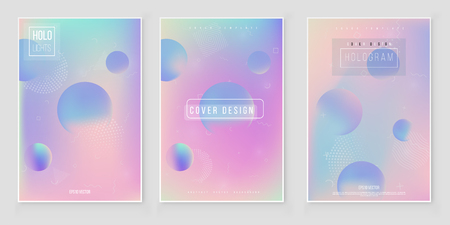 Furistic modern holographic cover set. 90s, 80s retro style.  Hipster style graphic geometric holographic elements. Iridescent graphic mockup for brochure, banner, wallpaper, mobile screen.のイラスト素材