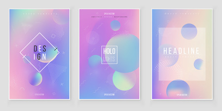 Furistic modern holographic cover set. 90s, 80s retro style.  Hipster style graphic geometric holographic elements. Iridescent graphic mockup for brochure, banner, wallpaper, mobile screen.のイラスト素材