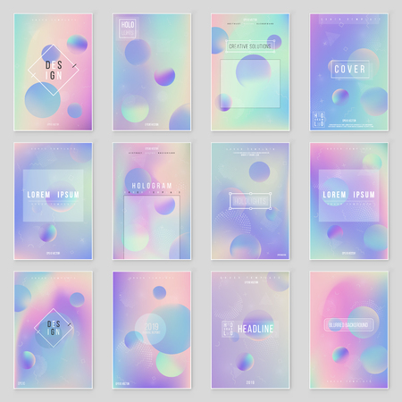Furistic modern holographic cover set. 90s, 80s retro style.  Hipster style graphic geometric holographic elements. Modern tredy Memphis styleのイラスト素材