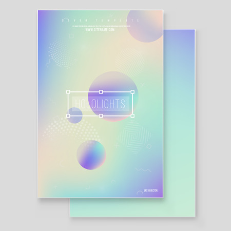 Furistic modern holographic cover set. 90s, 80s retro style.  Hipster style graphic geometric holographic elements. Iridescent graphic mockup for brochure, banner, wallpaper, mobile screen.のイラスト素材