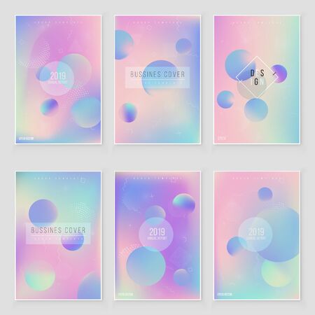 Futuristic modern holographic cover set. 90s, 80s retro style.  Minimalistic hipster design Iridescent graphic mockup for brochure, banner, wallpaper, mobile screen.のイラスト素材