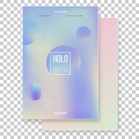 Futuristic modern holographic cover set. 90s, 80s retro style.  Hipster style graphic geometric holographic elements. Iridescent graphic mockup for brochure, banner, wallpaper, mobile screen.のイラスト素材