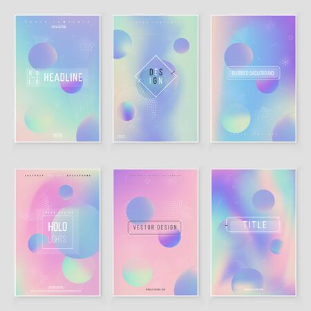 Futuristic modern holographic cover set. 90s, 80s retro style.  Minimalistic hipster design Iridescent graphic mockup for brochure, banner, wallpaper, mobile screen.のイラスト素材