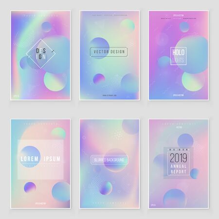 Futuristic modern holographic cover set. 90s, 80s retro style.  Minimalistic hipster design Iridescent graphic mockup for brochure, banner, wallpaper, mobile screen.のイラスト素材