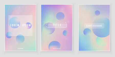 Futuristic modern holographic cover set. 90s, 80s retro style.  Minimalistic hipster design Iridescent graphic mockup for brochure, banner, wallpaper, mobile screen.のイラスト素材