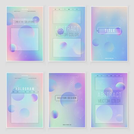 Futuristic modern holographic cover set. 90s, 80s retro style.  Minimalistic hipster design Iridescent graphic mockup for brochure, banner, wallpaper, mobile screen.のイラスト素材