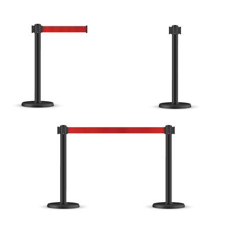 Retractable belt stanchion set. Portable ribbon barrier. Red striped hazard fencing tape. Dark matte stanchionのイラスト素材