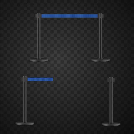 Retractable belt stanchion set. Portable ribbon barrier. Red striped hazard fencing tape.のイラスト素材