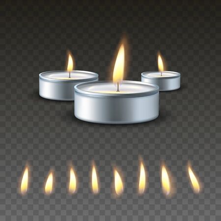 Realistic vector 3d burning tea candle on a dark background. Set of different types of flame.のイラスト素材