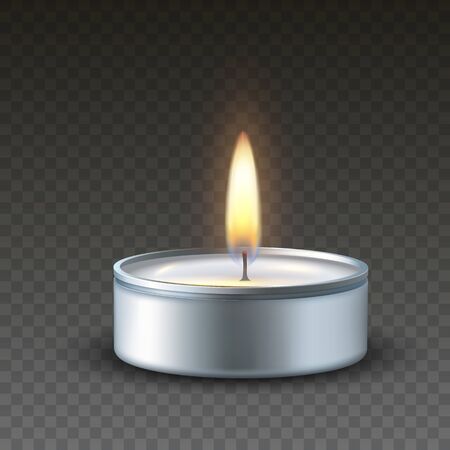 Realistic vector 3d burning tea candle on a dark backgroundのイラスト素材