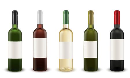 Realistic vector set of wine bottles of various colors of glass. Vector mockup isolated on white background.のイラスト素材