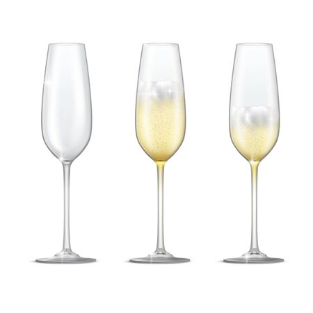 Realistic vector set of sparkling champagne glasses. Empty glass, full and half full champagne glass.のイラスト素材