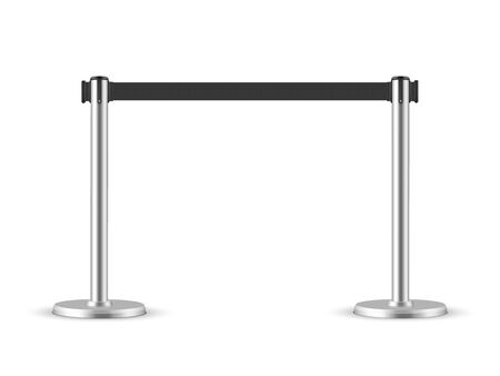 Retractable belt stanchion. Portable ribbon barrier. black fencing tape.のイラスト素材