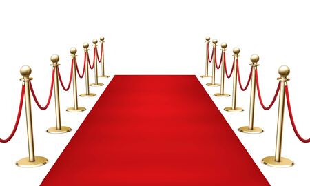 Red carpet with golden barrier fencing realistic 3d vector illustration on white background. Grand opening. VIP entrance. Celebrity party entrance.のイラスト素材