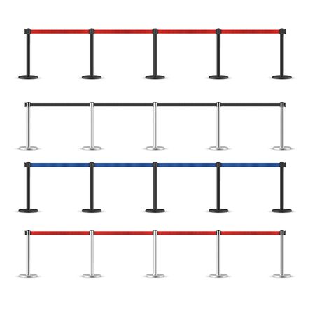 Realistic retractable belt stanchion set. Portable ribbon barrier. Black and Red fencing tape. Chrome and dark matte stanchionのイラスト素材