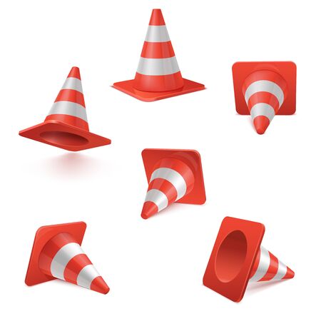 realistic vector set of plastic red road Cones in various positions. striped traffic cones isolated on white backgroundのイラスト素材