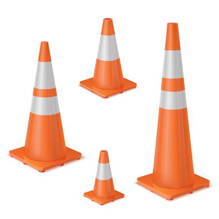Orange realistic road plastic white striped shiny cone. Equipment to ensure safe movement during road repair or road accident. Vector set on white background.のイラスト素材