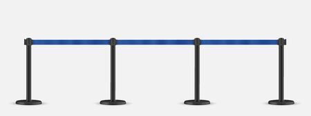 Retractable belt stanchion set. Portable ribbon barrier. Blue striped hazard fencing tape.のイラスト素材