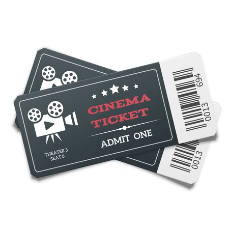 Realistic pair of modern black movie tickets isolated on white background. Top view.のイラスト素材