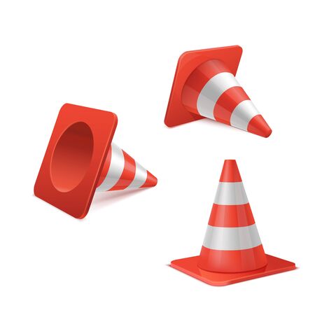 Realistic vector set of plastic road cones in various positions.のイラスト素材