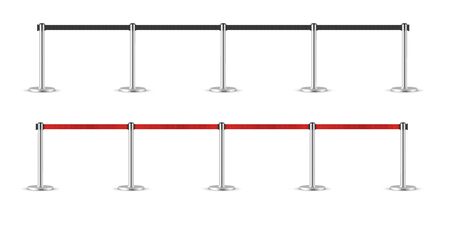 Realistic retractable belt stanchion set. Portable ribbon barrier. Black and Red fencing tape. Chrome stanchionのイラスト素材