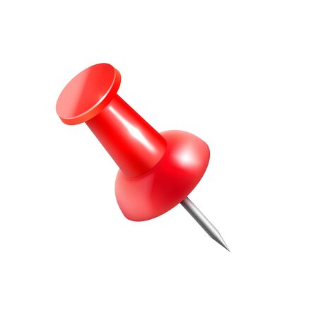 Realistic vector plastic glossy red push pin 3D vector icon on white background.のイラスト素材