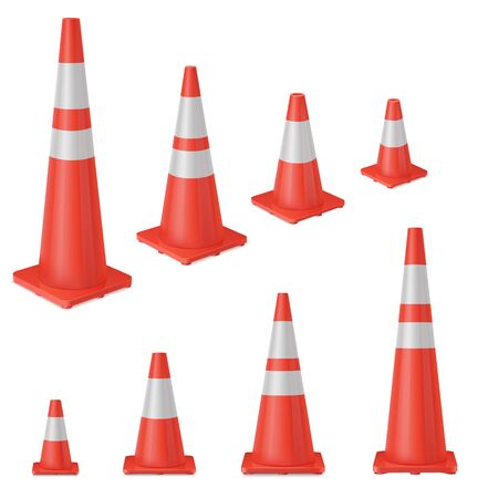 Red realistic road plastic white striped shiny cone. equipment to ensure safe movement during road repair or road accident.のイラスト素材