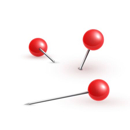Realistic vector plastic glossy red push pins at various angles set needle.のイラスト素材