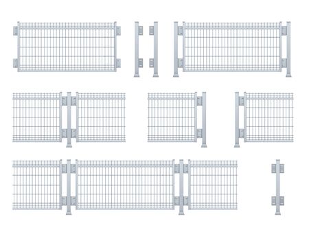 Realistic vector galvanized sheet metal fence panel. Rectangular steel mesh V type. ..Set of various fence elements.のイラスト素材