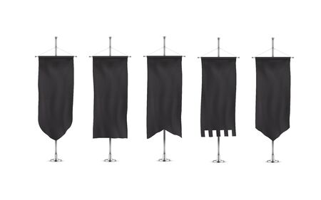 Vertically hanging banners on a metal flagpole black flags templates. Hanging down fabric template for advertising. Realistic banner template collection.のイラスト素材