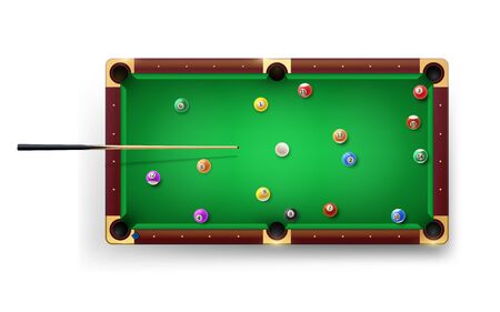 American Pool table with pool cue and glossy balls and other equipment. Vector realistic 3D detailed colorful illustration.のイラスト素材