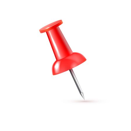 Realistic vector plastic glossy red push pin 3D vector icon on white background.のイラスト素材