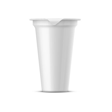 Round glossy white realistic vector pot with a lid of foil for storing yogurt, sour cream and other dairy products and dessertsのイラスト素材