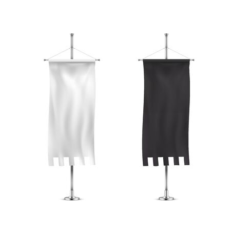 Vertical banners hanging on a metal flagpole white and black flags templates.のイラスト素材