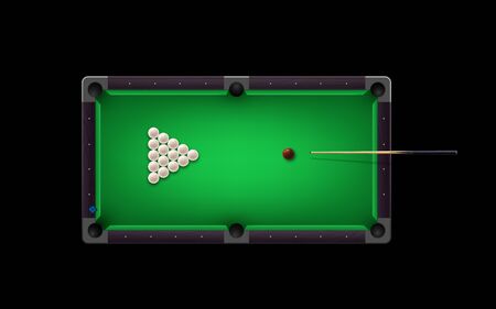 Russian pyramid table with billiard cue and glossy ivory balls and other equipment.のイラスト素材