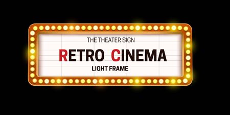Realistic 3D light bulb cinema frame in retro style on black background.のイラスト素材
