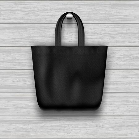 Textile textured black tote bag hanging on the wooden plank textured wall.のイラスト素材