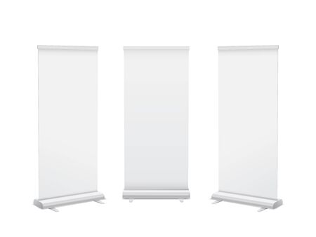 Realistic 3D vertical roll up banner stand template design. Isolated vector.のイラスト素材