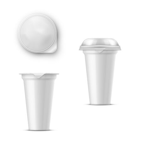 Round glossy white realistic vector pot with a lid of foil for storing yogurt, sour cream and other dairy products and dessertsのイラスト素材