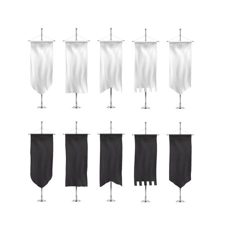 Vertical banners hanging on a metal flagpole white and black flags templates.のイラスト素材