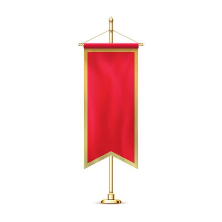 Blank red pennant flag mockup banner hanging golden rack pole realistic stylish retro illustrationのイラスト素材