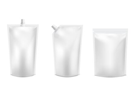 Realistic 3D White Blank Doypack Mock up set. Vector Doypack Template Packing with and without screw capのイラスト素材