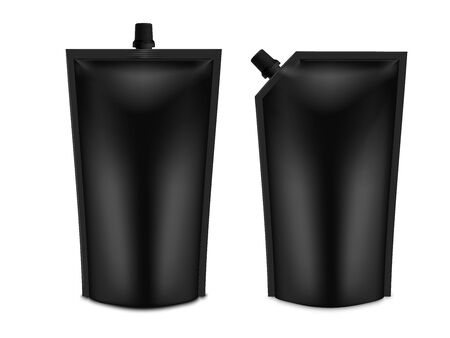 Realistic 3D Black Blank Doy Pack Mock up set. Vector Doypack Template Packing with screw cap.のイラスト素材