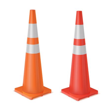 Red and orange realistic road plastic white striped shiny cones.のイラスト素材