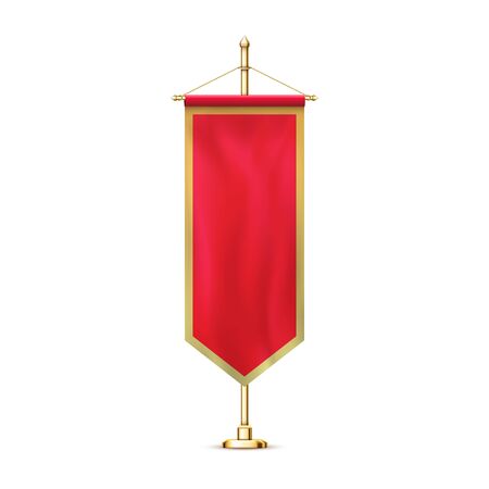 Blank red pennant flag mockup banner hanging golden rack pole realistic stylish retro illustrationのイラスト素材