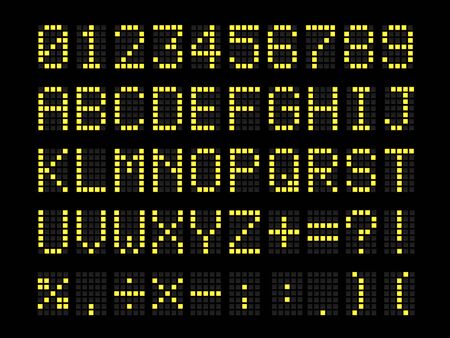 Realistic Digital terminal led bulb terminal table font. Letters, numbers, and punctuation marks. Airport and scoreboard led symbols.