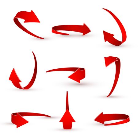3D realistic red arrow twisted in various directions. Rotation symbol vector set on a white background.のイラスト素材